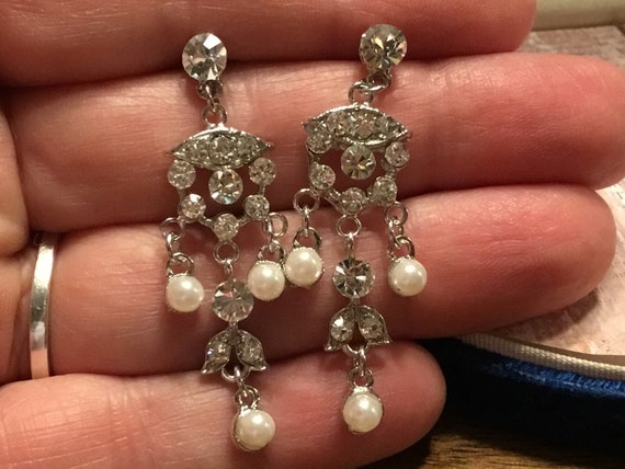 Rhinestone And Pearl Chandelier Post Earring in S… - image 2