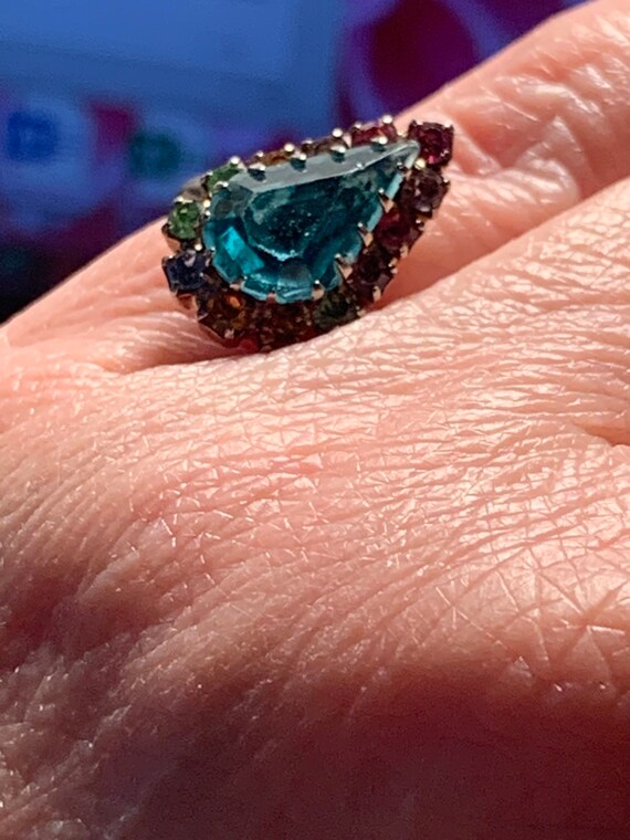 Adjustable Blue Teardrop ring with rainbow stones - image 3
