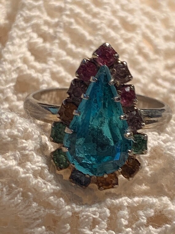 Adjustable Blue Teardrop ring with rainbow stones - image 1