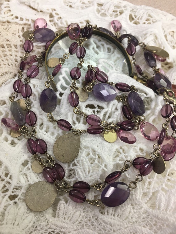 1960s purple bead and gold necklace- boho