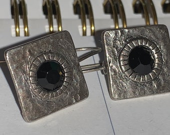 Square hammered silver antiqued dangle earrings with green stone in bedded in center