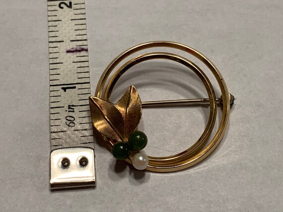 1950s gold and green and pearl floral brooch - image 4