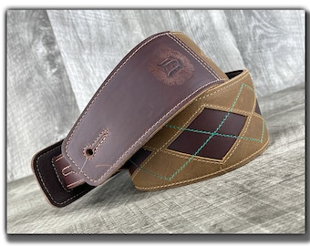 Sangle en cuir pour guitare électrique, basse et acoustique - 3", cuir pleine fleur, losanges, rembourrée, marron, "Everett"