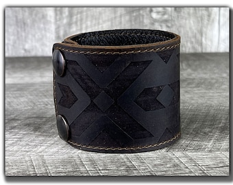 Leather Cuff Bracelet, Full Grain Leather, Adjustable, Brown, "Aztec"