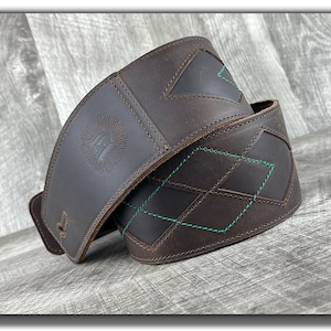 Leather Guitar Strap for Electric, Bass and Acoustic Guitar - 3", Full Grain Leather, Argyle, Padded, Grey/Black, "Everett"
