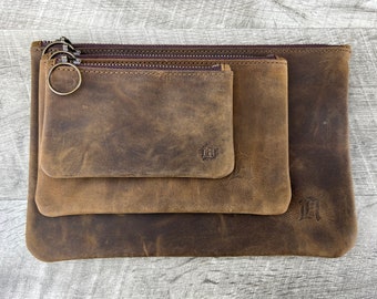 Estojo de couro com zíper (necessaire de maquiagem, carteira de mão, porta-cartões, estojo para lápis, nécessaire de viagem) - Personalizado/Monogramado, couro legítimo.