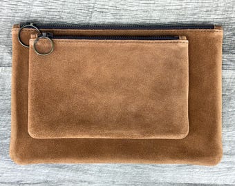 Soft Suede Leather Pouch with Zipper (Makeup Bag, Leather Clutch, Travel Pouch) - Personalized / Monogram