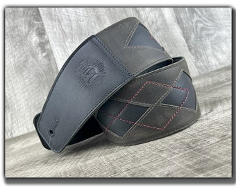 Sangle en cuir pour guitare électrique, basse et acoustique - 3", cuir pleine fleur, losanges, rembourrée, marron, "Everett"