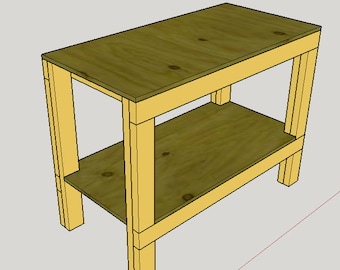 May include: A wooden workbench with a top shelf and a lower shelf. The workbench is made of natural wood and has a light brown finish.