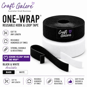 May include: A roll of black and a roll of white One-Wrap reusable hook and loop tape by Craft Galore. The image displays the tape, loose strips of black and white material, and text detailing features like cut to any length and reusable.