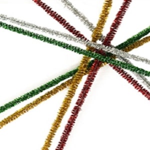 May include: A selection of colourful pipe cleaners in silver, green, gold, and red, set against a white backdrop. These craft supplies are often used for DIY projects and festive decorations.