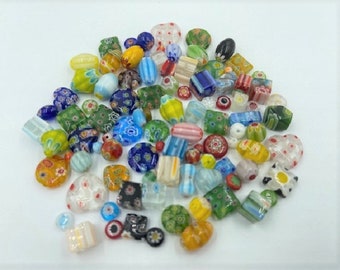 Handmade Millefiori Glass Bead Mix - Asst Shapes & Sizes - 50g - 80 to 100 Pieces