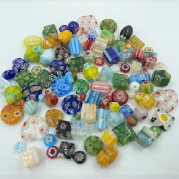 Handmade Millefiori Glass Bead Mix - Asst Shapes & Sizes - 50g - 80 to 100 Pieces