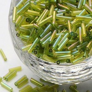 Glass Bugle Beads - Rainbow Green/Yellow - 6mm - 20g (250+ Pieces) - New