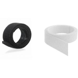 May include: A roll of black hook and loop fastener tape and a roll of white hook and loop fastener tape. Both rolls are coiled in a circular shape, featuring a textured surface designed for fastening, with one end of each roll extending outward.