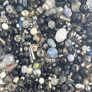 Glass Bead Mix - Black / Grey / Silver - 50g - Size 4mm to 12mm - Approx 80 to 100 Pieces