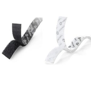 May include: Two strips of hook and loop fastener tape, one black and one white. Each strip features a textured surface on one side and a backing printed with the word Velcro and a circular logo. The strips are partially peeled apart to show the texture.