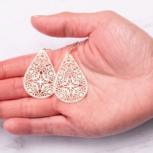 Rose Gold Teardrop Earrings, Rose Gold Filigree Earrings Woman, Boho Dangle Earrings for Valentines Gift, Bridesmaid Proposal, Mothers day