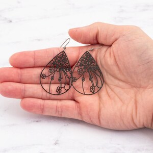 Black Filigree Earrings, Boho Earrings Dangle, Laser Cut Earrings, Lightweight Teardrop Earrings, Mothers Day Gift Ideas, Earrings for Women