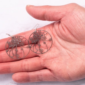 Black Floral Filigree Earrings: Sterling Silver Laser Cut Jewelry