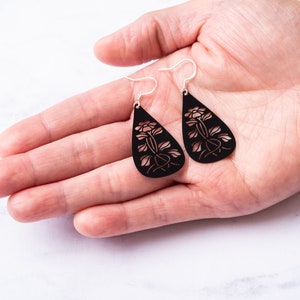 Black Teardrop Earrings: Sterling Silver Flower Filigree Dangle Earrings