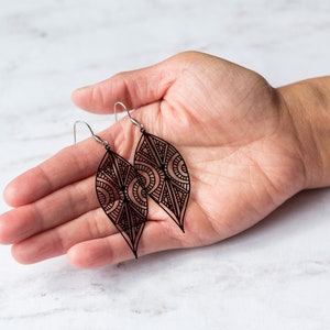 Black Filigree Earrings, Laser Cut Earrings, Long Drop Boho Earrings Dangle, Valentine Day for Her, Lightweight Earrings, Earrings for Women