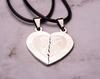Heart Couple Necklace Set: Stainless Steel Matching Pendants