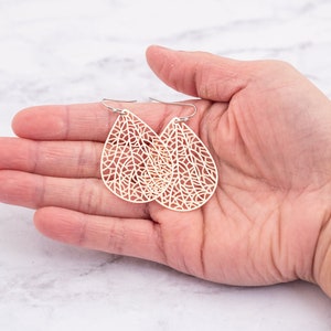 Rose Gold Filigree Earrings, Teardrop Earrings, Dangle Earrings Women, Boho Earrings Dangle, Laser Cut Earrings, Valentine Gift