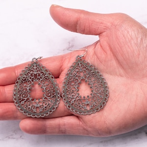 Black Teardrop Dangle Earrings: Lightweight Filigree Boho Earrings