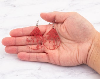Red Filigree Earrings, Boho Earrings Dangle, Laser Cut Earrings, Lightweight Teardrop Earrings, Mothers Day Gift Ideas, Earrings for Women