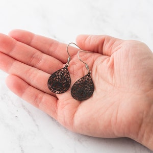 Black Teardrop Earrings, Filigree Earrings for Woman, Boho Earrings Dangle, Laser Cut Earrings Stainless Steel, Black Earrings