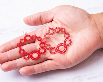 Red Circle Filigree Earrings, Boho Earrings Dangle, Lightweight Earrings Woman, Bridesmaid Earrings, Holiday Gift for Her, Laser Cut Earring