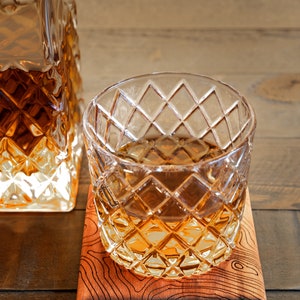 May include: A glass of amber-colored liquid sits on a wooden coaster. The glass has a diamond-shaped pattern and is filled with a clear liquid. The coaster is made of wood and has a natural grain.