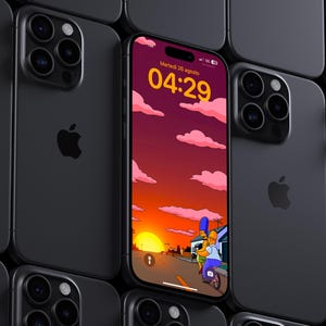 May include: A collection of black smartphones with a triple-lens camera system and the Apple logo. One phone displays a colorful cartoon sunset with the time 04:29. The background features multiple phones.