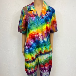 Tie dye medium sized coveralls, women’s cut, zipper down front, short sleeves, 4 pockets, measurements in item details