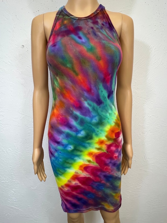 Tie Dye Small Size Women's Dress, Racer Back, Ribbed Cotton/Spandex Blend, Form Fitting and Very Stretchy, Measurements in Item Detail Tie Dye Small Size Women's Dress, Racer Back, Ribbed Cotton/Spandex Blend, Form Fitting and Very Stretchy, Measurements in Item Detail