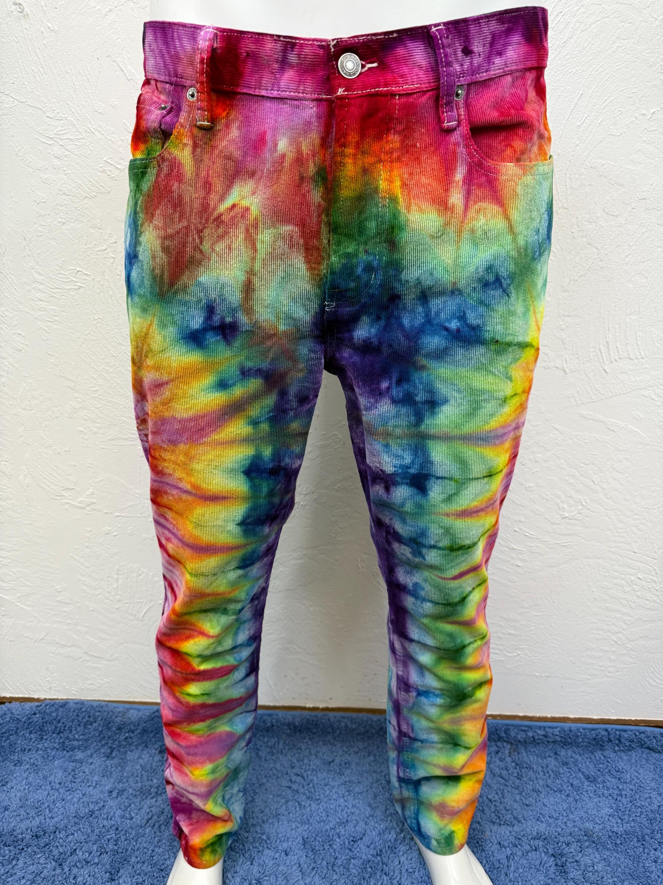 Tie dye 34X32 corduroy men's pants, 5 pockets, 98% cotton and 2 percent spandex, slim fit, machine wash and dry, measurements in item detail