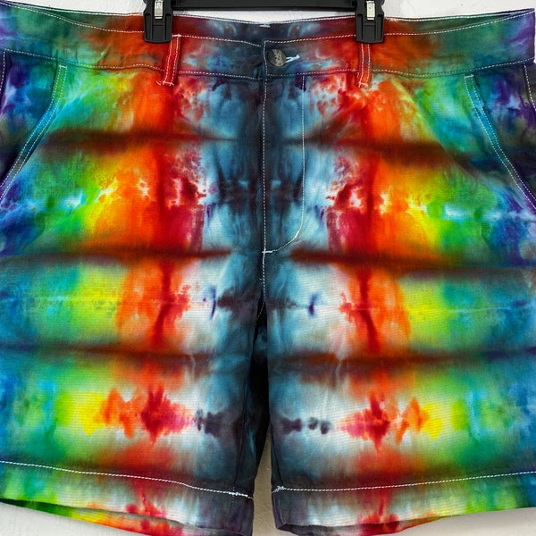 Tie dye men’s 42 in waist cotton/linen blend shorts, measurements in item details