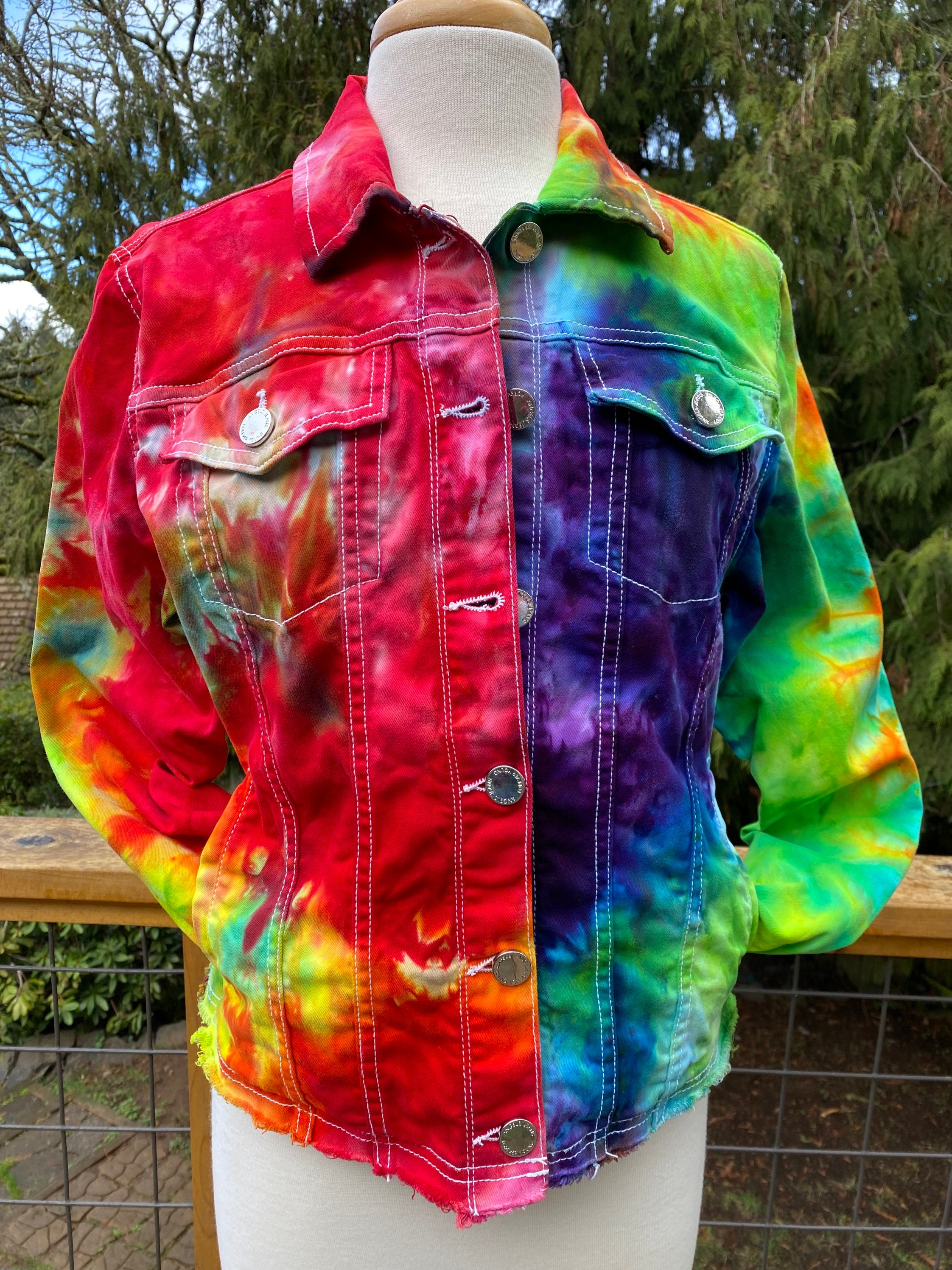 Tie dye large womens jean jacket 4 pockets raw edge at Etsy