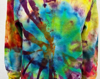 Tie dye X-small men’s size waffle weave thermal shirt, long sleeve, crew neck, cotton, measurements in item details