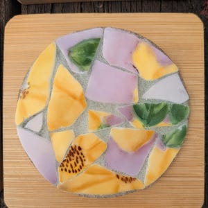 Set of 4 Broken Pottery Mosaic Coasters( lilac, yellow flowers, green)