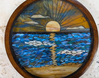 Serenity,  16" glass mosaic. Water landscape with sunset. Unique, one of a kind.