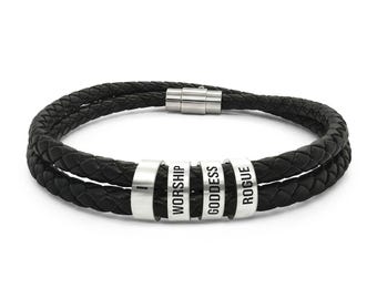 Personalized Engraved Leather Bracelet with Bead Rings | Custom Name Message