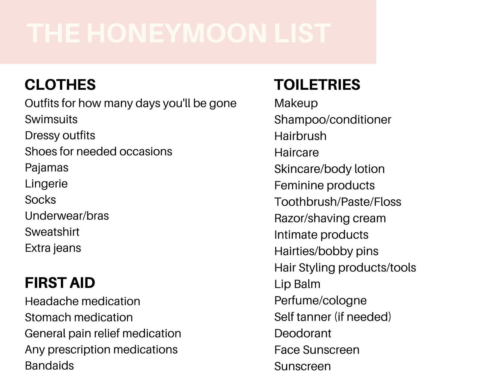 The Honeymoon Packing List Honeymoon Packing Checklist - Etsy