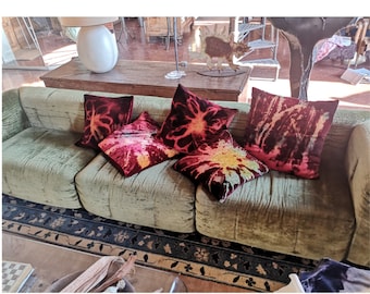 Velvet cushion, handpainted, by me Maroon/Burgundy viscose velvet,dips of yellow ,moss,cerise.52cmx52cm,invisible  zip.Sumptious and Stylish