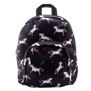 May include: A black backpack with a rainbow unicorn print. The backpack has a zippered front pocket and adjustable straps.