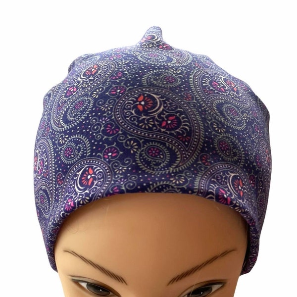 tuque beanie bonnet femme de printemps femme, sans pompon, bandana bleu marine et rose, en tissu jersey extensible