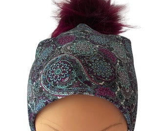 tuque/beanie/bonnet woman autumn winter jersey cotton lined teal background cashmere pattern pompom purple faux fur with snap button