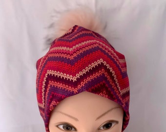 toque/beanie/bonnet femme printemps jersey cotton lined print knit chevron fushia striped pink, pompom faux fur pink