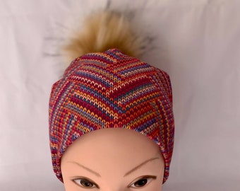 tuque/beanie/bonnet woman winter jersey cotton lined print knitted chevrons multicolors, pompom faux fur blond